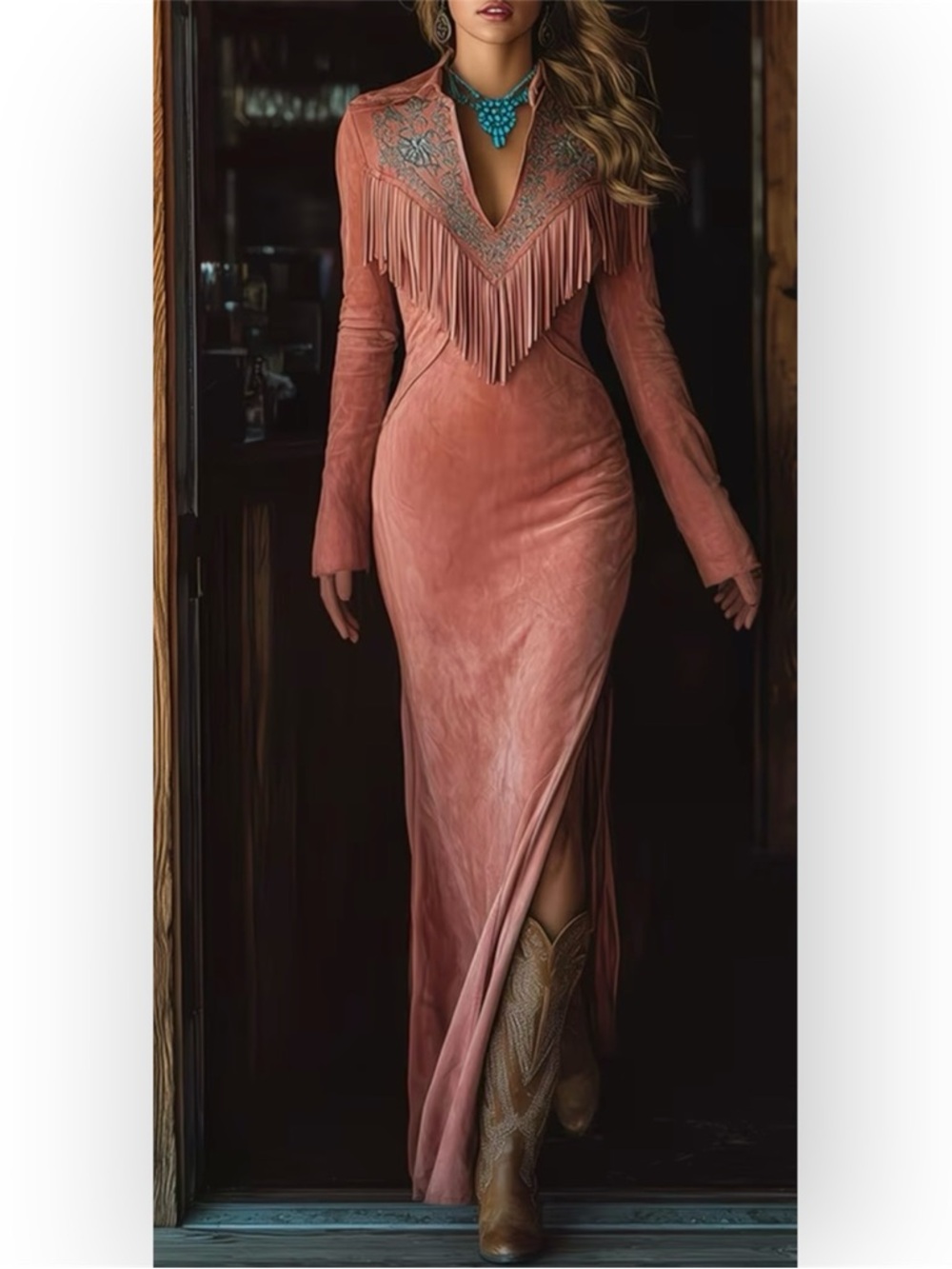 Faux Suede Fringed V-Neck Long Sleeve Maxi Dress - Pink Never Worn